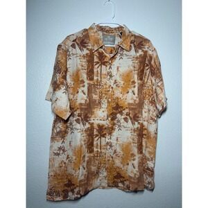 Margaritaville Silk Linen Tropical Palm Print Button Down Shirt XL Brown Orange